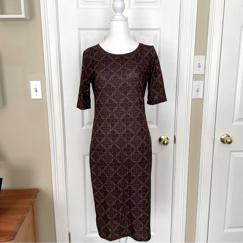 LuLaRoe Women’s Julia Dress Size S, deep eggplant purple with green and gold